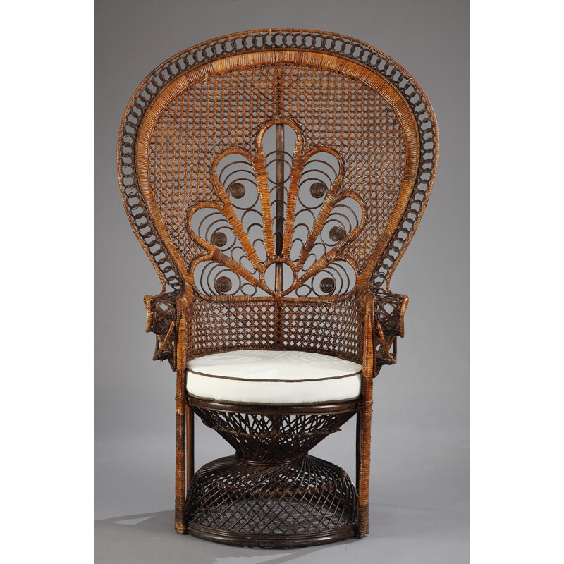 High back woven rattan armchair - 1970s