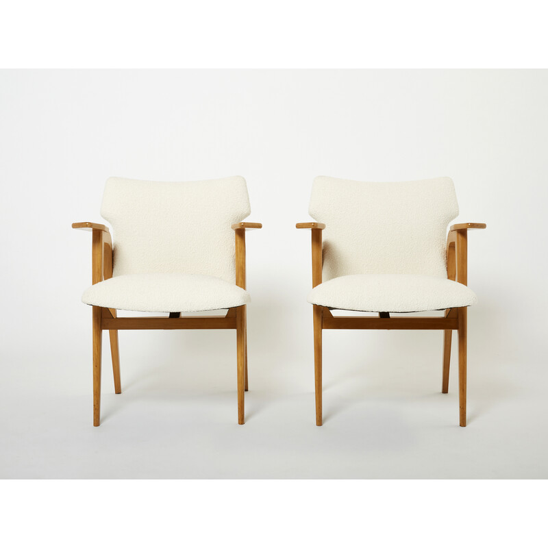 Pair of vintage compass armchairs in oakwood and bouclette wool by Roger Landault, 1950