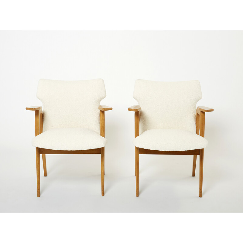 Pair of vintage compass armchairs in oakwood and bouclette wool by Roger Landault, 1950