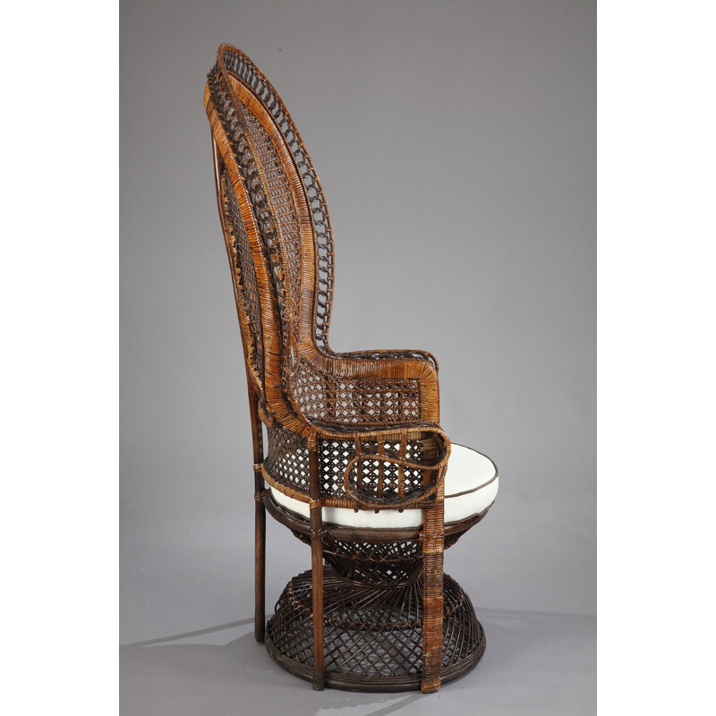 High back woven rattan armchair - 1970s