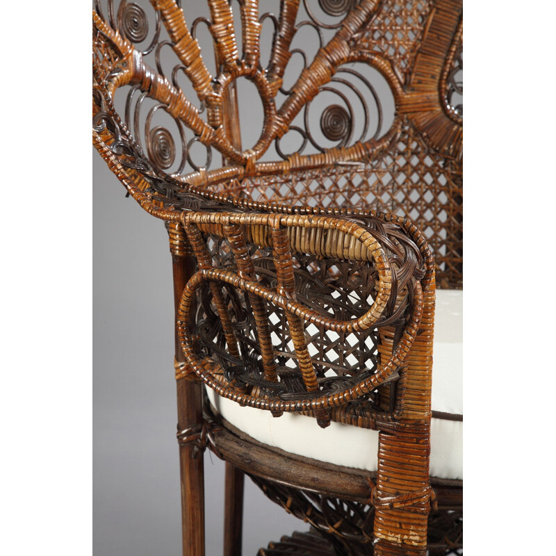 High back woven rattan armchair - 1970s