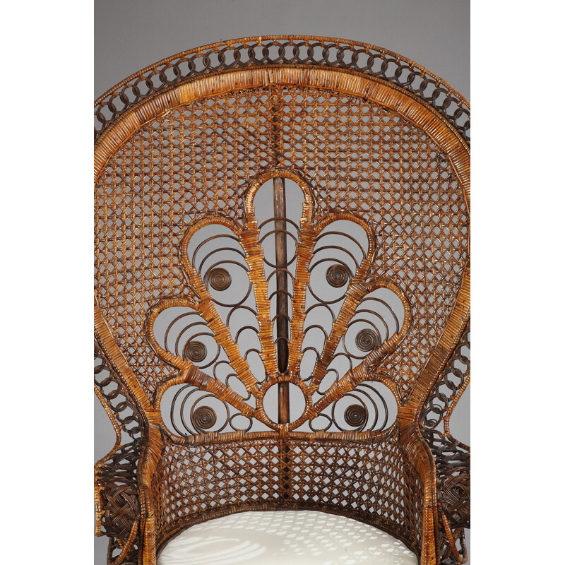 High back woven rattan armchair - 1970s