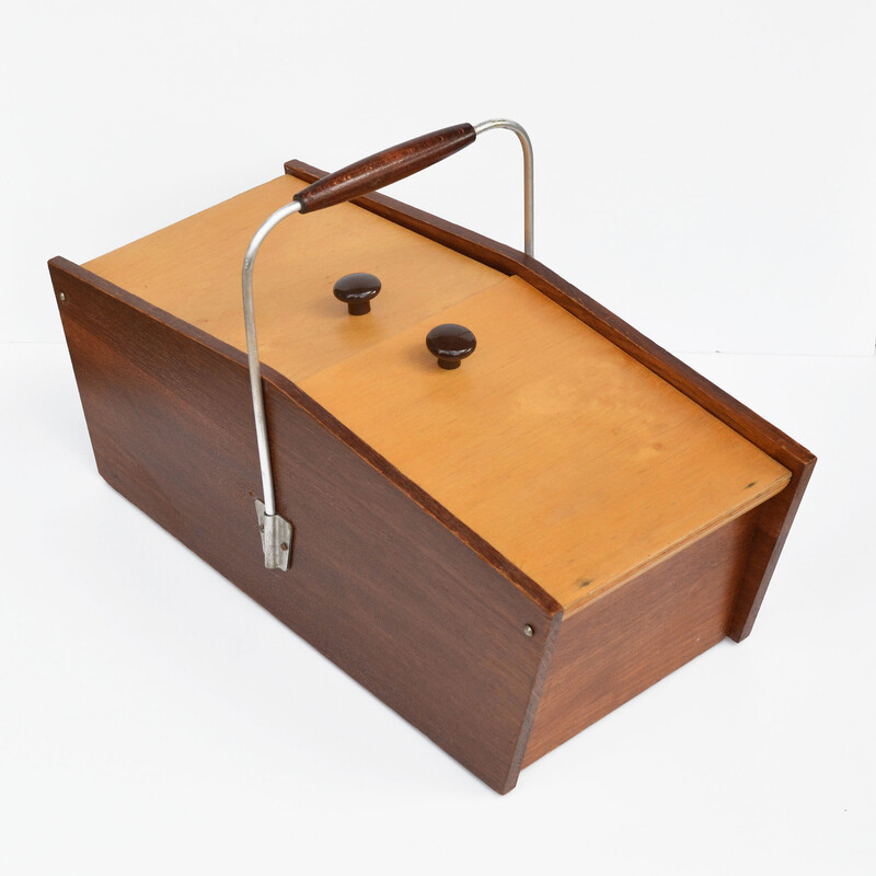 Vintage wood thread box with a handle, Germany 1960s