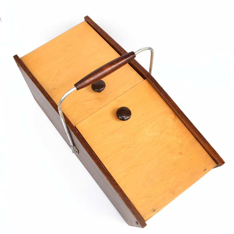 Vintage wood thread box with a handle, Germany 1960s