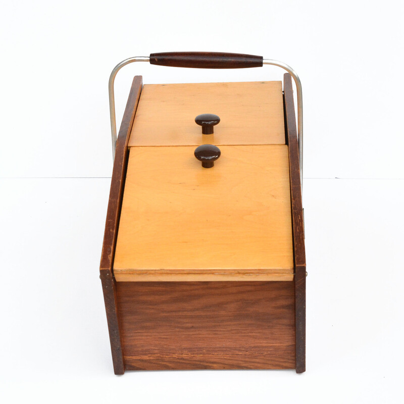 Vintage wood thread box with a handle, Germany 1960s