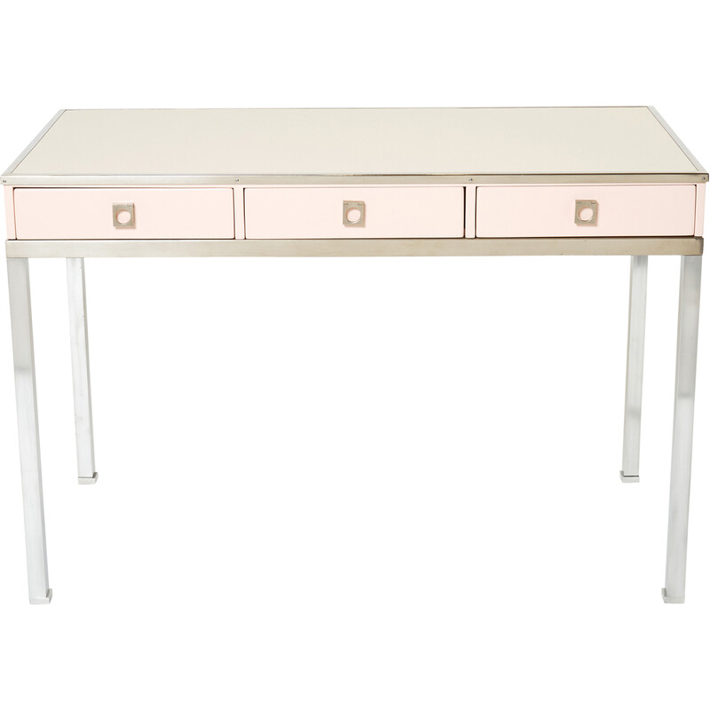 Vintage desk in pale pink lacquer and leather by Guy Lefevre for Maison Jansen, 1970