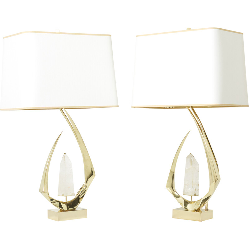 Pair of vintage brass and rock crystal lamps by Willy Daro, 1970