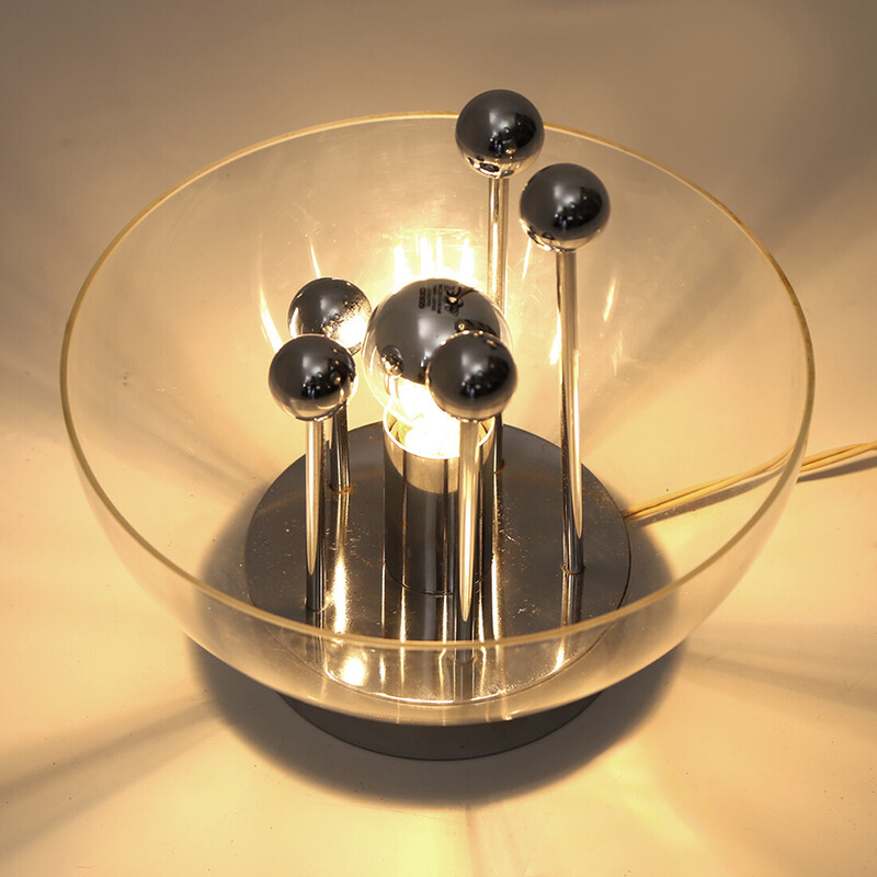 Lámpara de mesa vintage en metal cromado y metacrilato, años 60
