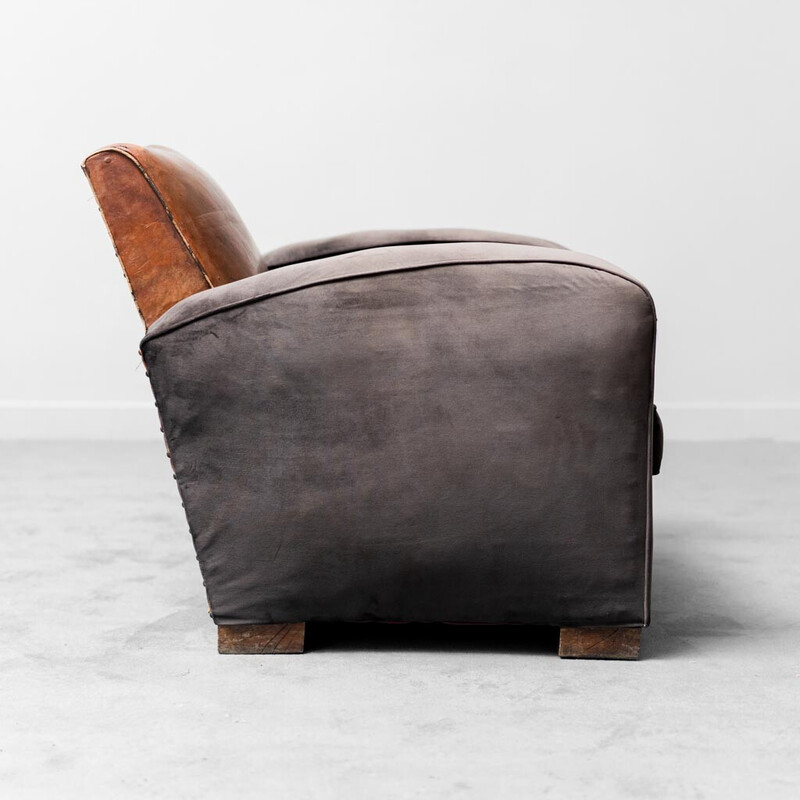 Vintage leather and velvet club armchair, 1940s