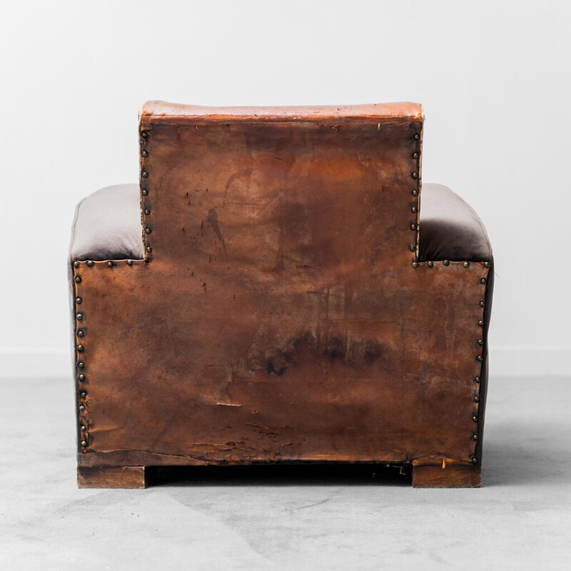Vintage leather and velvet club armchair, 1940s