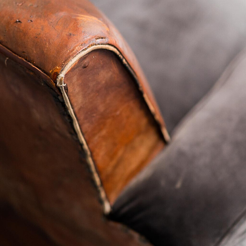 Vintage leather and velvet club armchair, 1940s