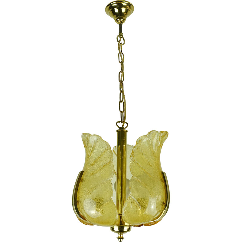 Vintage brass and amber glass chandelier by Carl Fagerlund for Orrefors, Sweden 1960