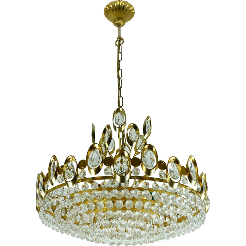 Mid century chandelier in crystal glass and gilt brass by Palwa, West-Germany 1960s