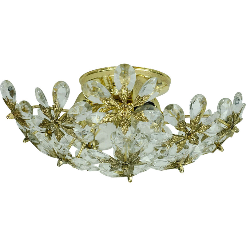 Vintage ceiling lamp in glass crystals and gilt brass by Palwa, 1970s