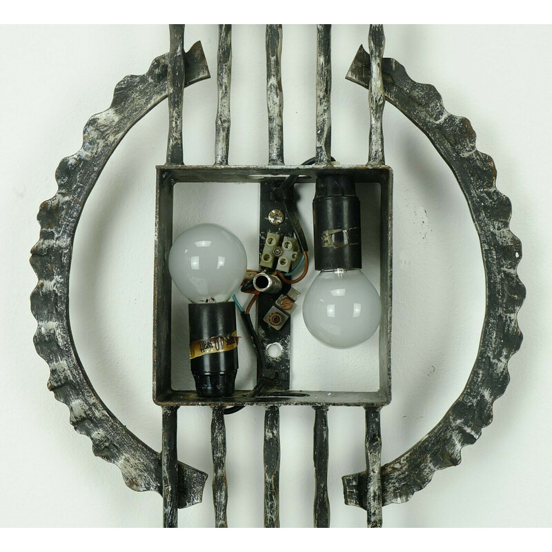 Mid century Brutalist wrought iron and glass wall lamp, 1960s-1970s