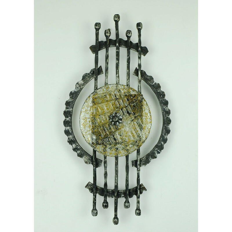 Mid century Brutalist wrought iron and glass wall lamp, 1960s-1970s