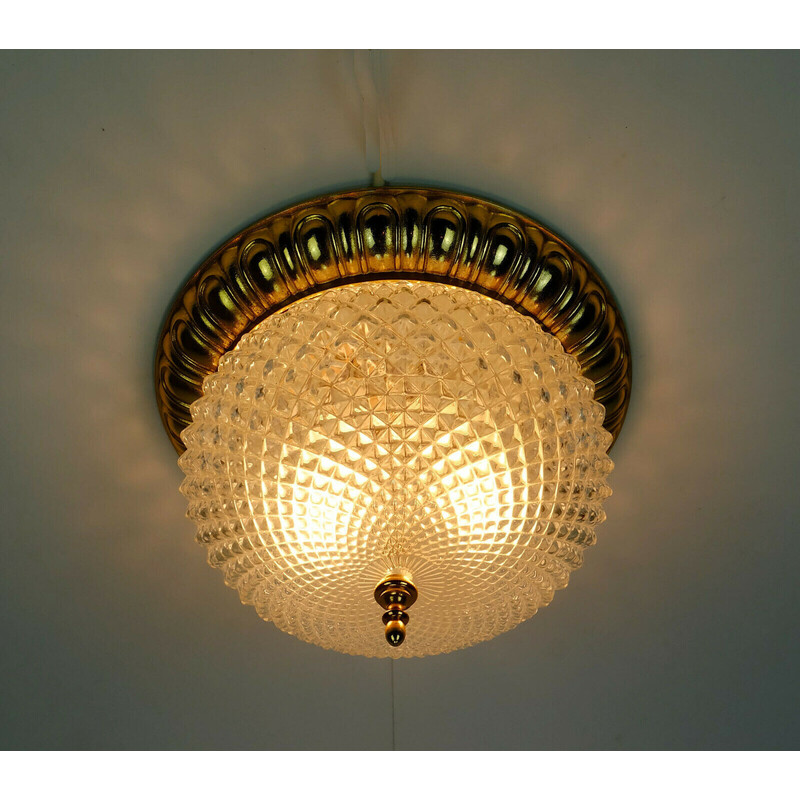 Lampada da soffitto vintage in vetro e alluminio dorato di Soelken, Germania, anni '70