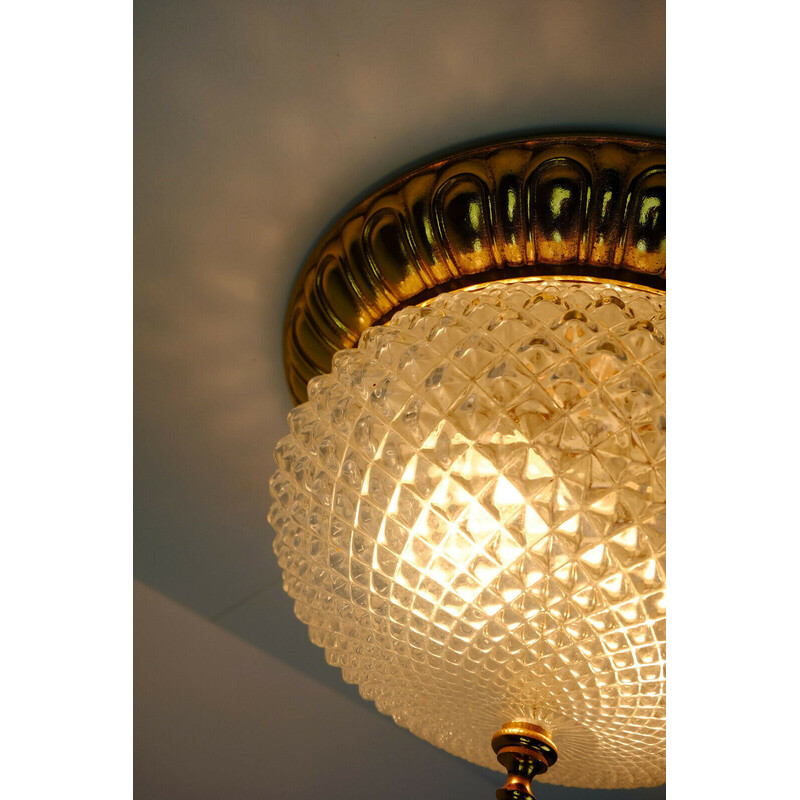 Lampada da soffitto vintage in vetro e alluminio dorato di Soelken, Germania, anni '70