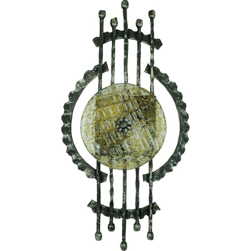 Mid century Brutalist wrought iron and glass wall lamp, 1960s-1970s