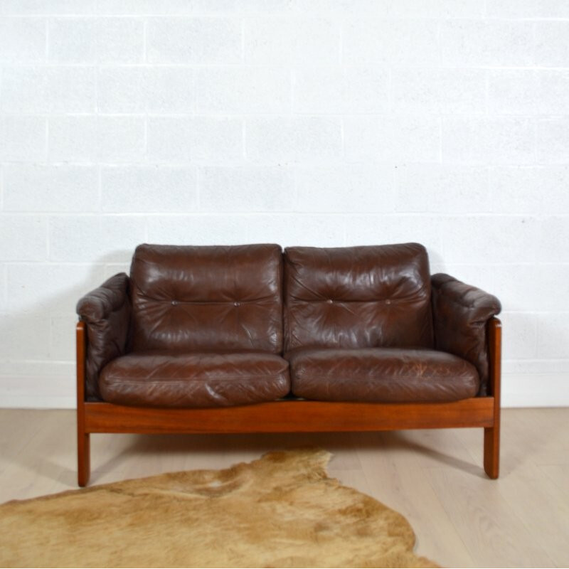 Danish two seater brown leather sofa - 1980s