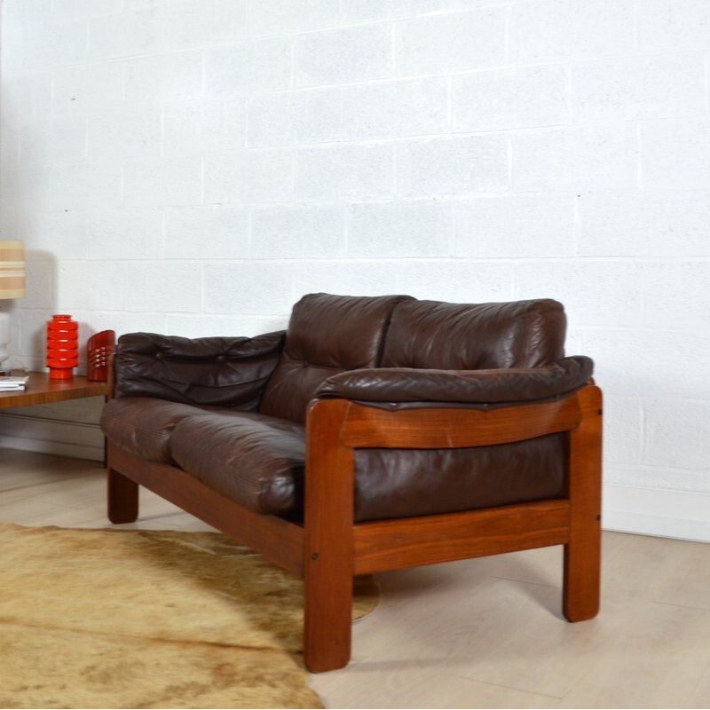 Danish two seater brown leather sofa - 1980s