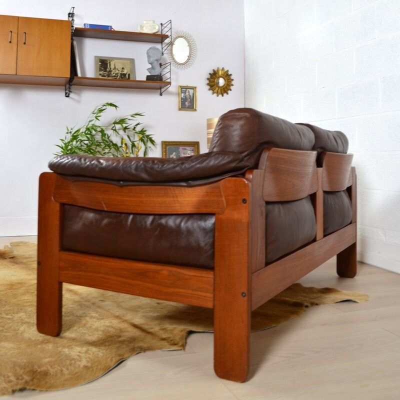 Danish two seater brown leather sofa - 1980s