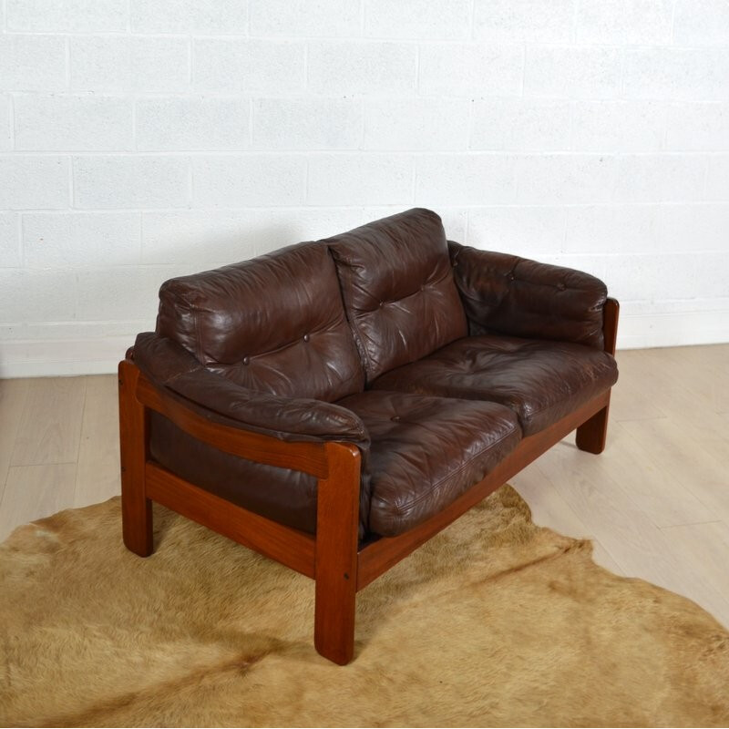 Danish two seater brown leather sofa - 1980s