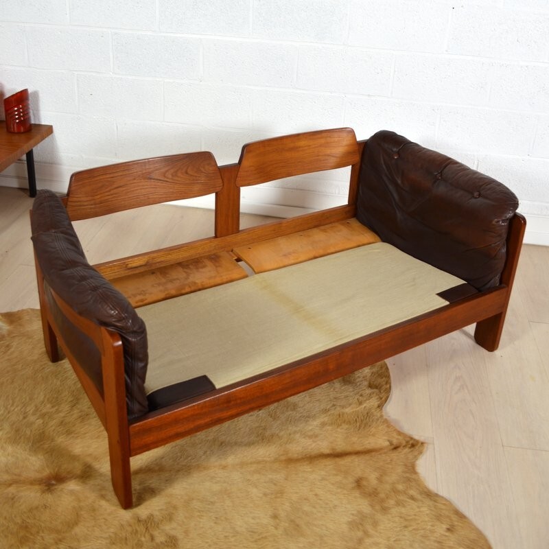 Danish two seater brown leather sofa - 1980s