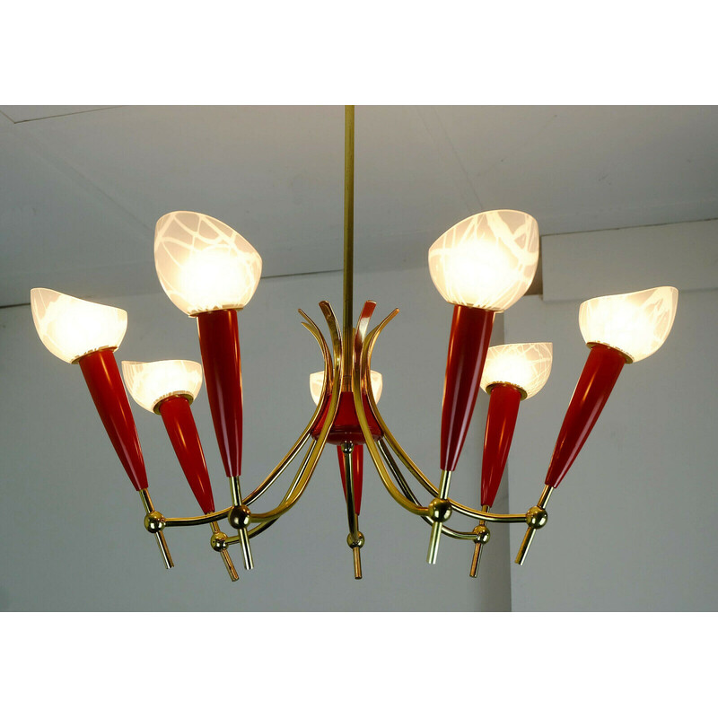 Lampadario vintage in ottone e plastica rossa con paralume in vetro, 1950