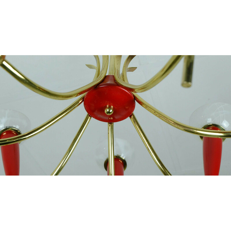 Mid century chandelier in brass, red plastic and glass shades, 1950s