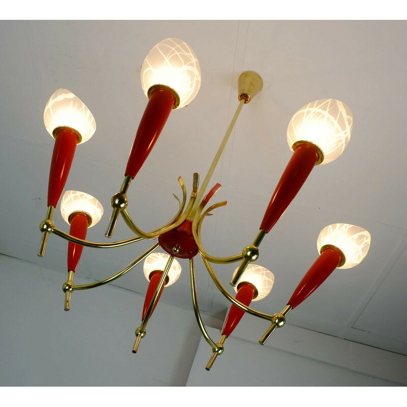 Mid century chandelier in brass, red plastic and glass shades, 1950s