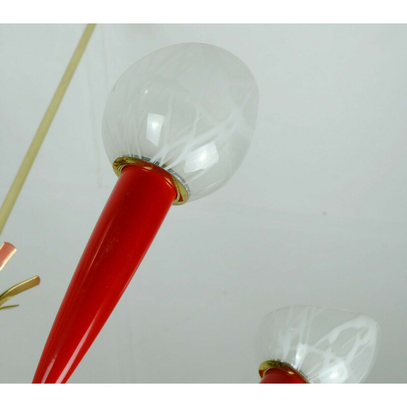 Mid century chandelier in brass, red plastic and glass shades, 1950s