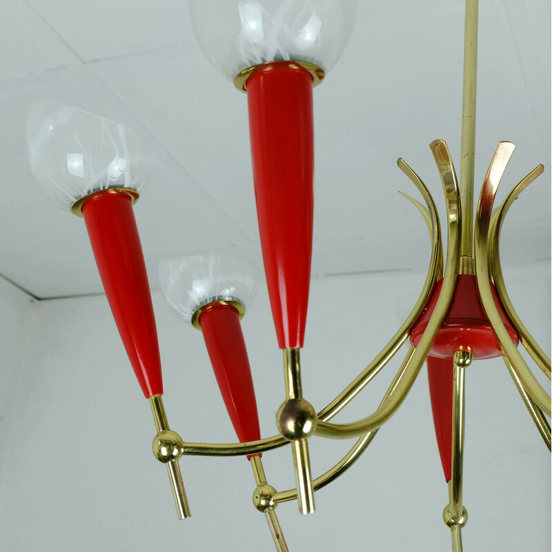 Mid century chandelier in brass, red plastic and glass shades, 1950s