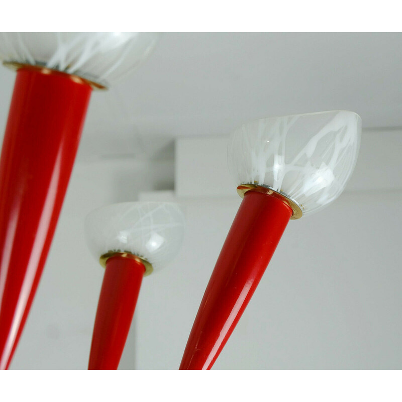 Mid century chandelier in brass, red plastic and glass shades, 1950s