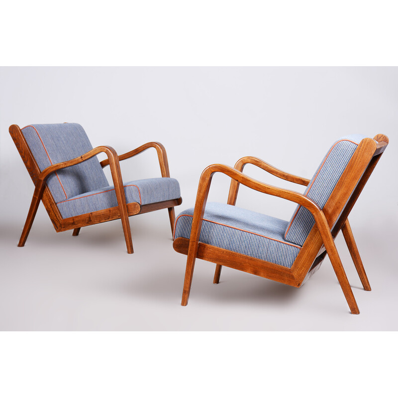 Pair of mid century ashwood armchairs with upholstery by Jan Vanek, Czechia 1940s