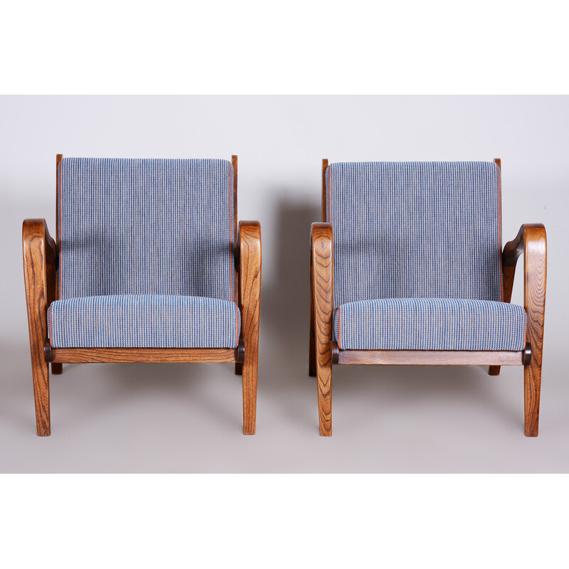 Pair of mid century ashwood armchairs with upholstery by Jan Vanek, Czechia 1940s