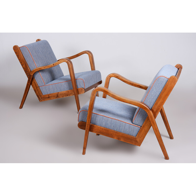 Pair of mid century ashwood armchairs with upholstery by Jan Vanek, Czechia 1940s