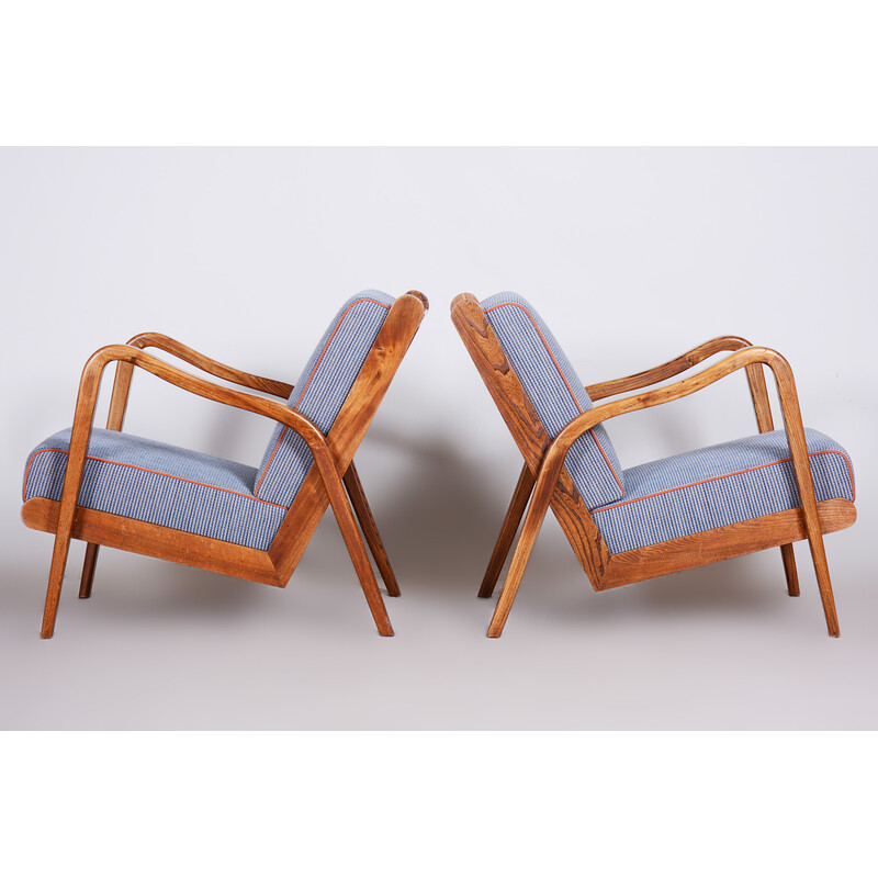 Pair of mid century ashwood armchairs with upholstery by Jan Vanek, Czechia 1940s