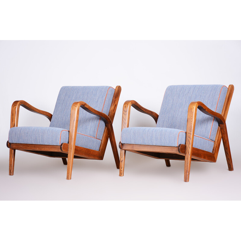 Pair of mid century ashwood armchairs with upholstery by Jan Vanek, Czechia 1940s