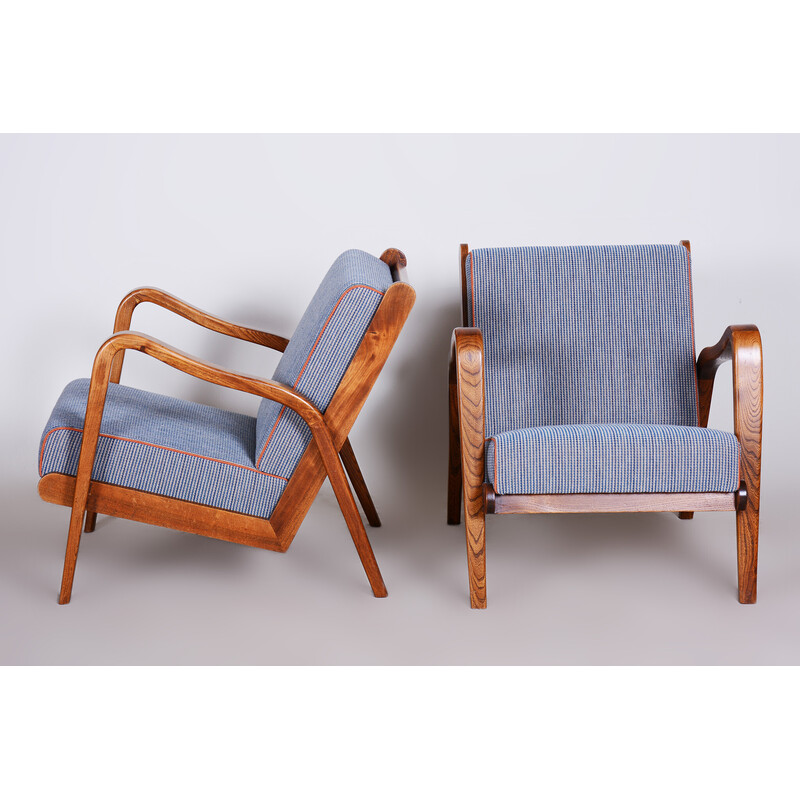 Pair of mid century ashwood armchairs with upholstery by Jan Vanek, Czechia 1940s