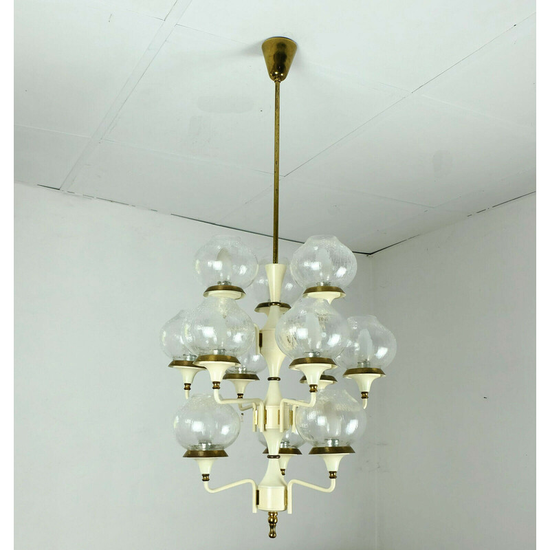 Lampadario vintage in metallo, ottone e 12 paralumi in vetro crepla, 1960