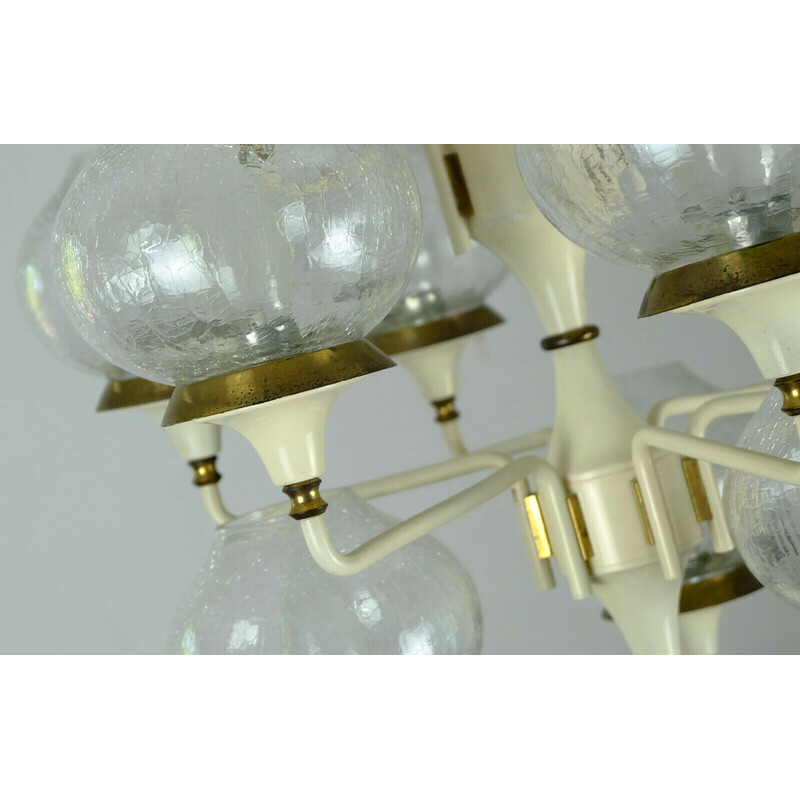 Mid century chandelier in metal, brass and 12 crackle glass shades, 1960s
