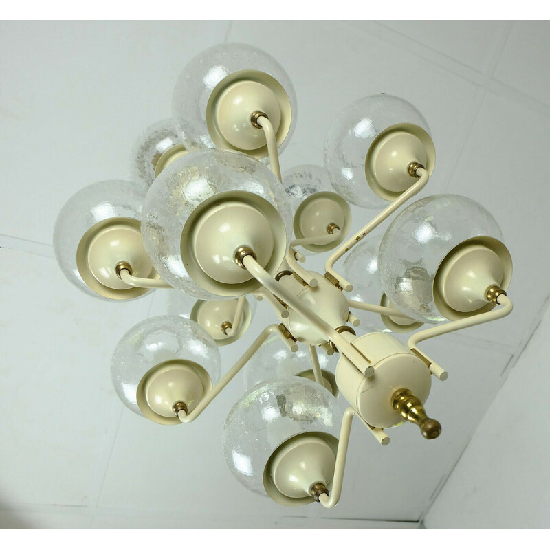 Mid century chandelier in metal, brass and 12 crackle glass shades, 1960s