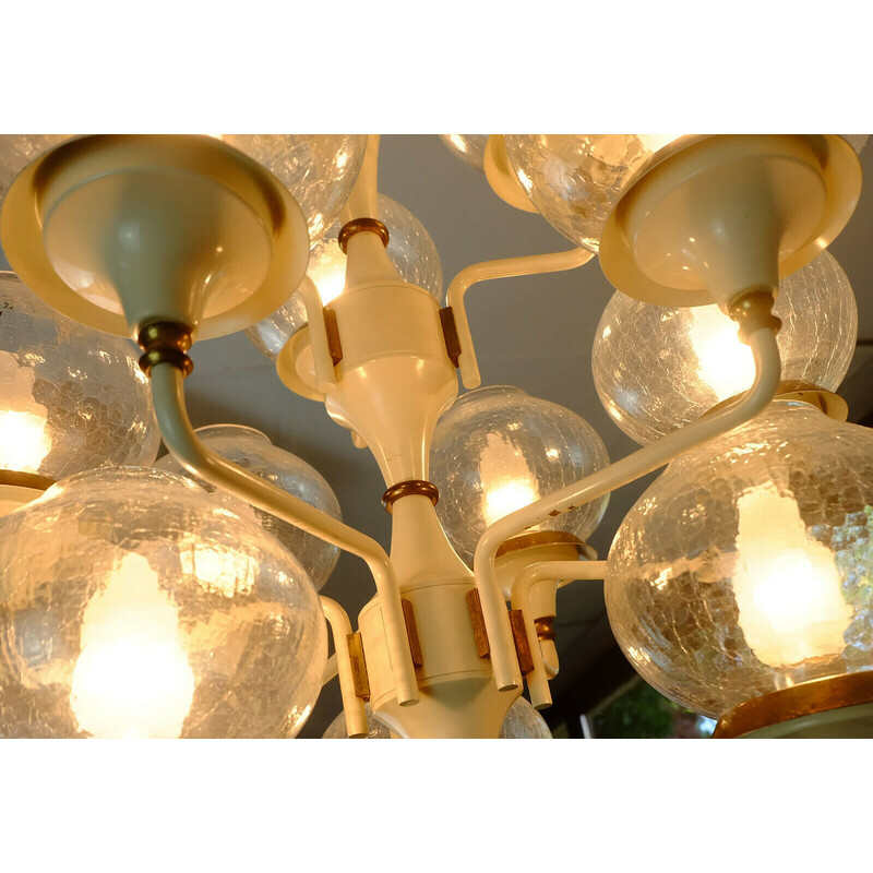 Mid century chandelier in metal, brass and 12 crackle glass shades, 1960s