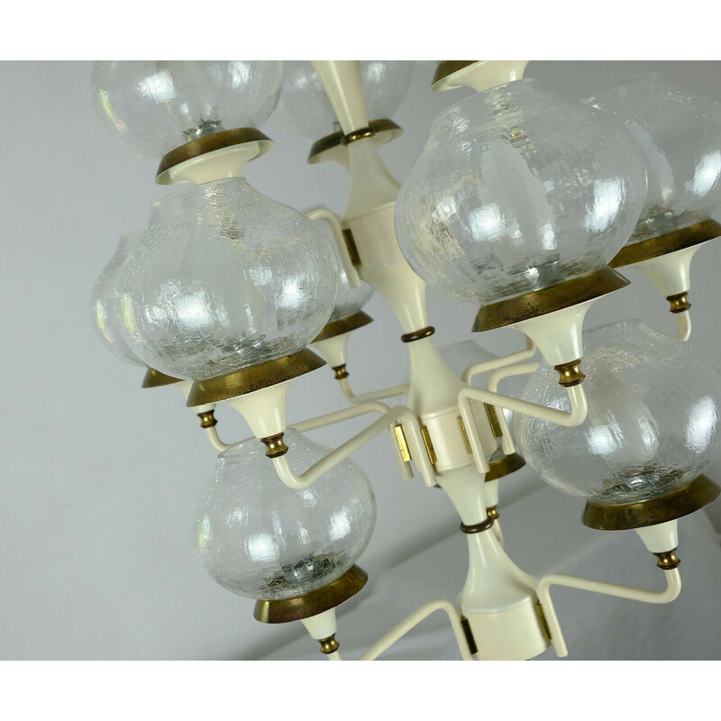 Mid century chandelier in metal, brass and 12 crackle glass shades, 1960s