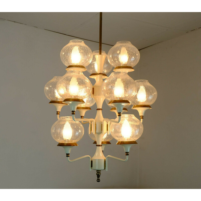 Lampadario vintage in metallo, ottone e 12 paralumi in vetro crepla, 1960