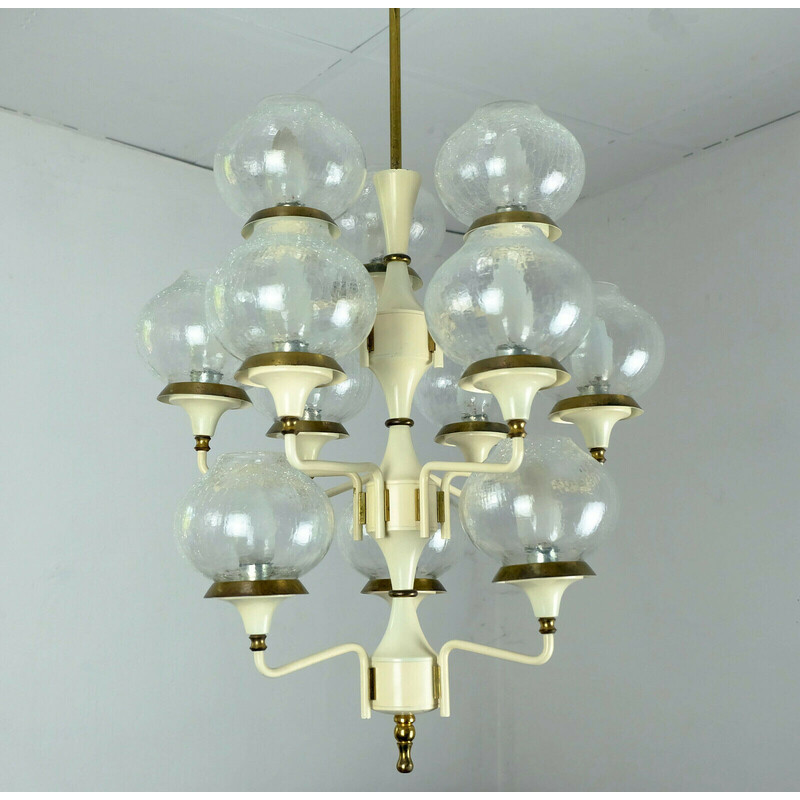 Lampadario vintage in metallo, ottone e 12 paralumi in vetro crepla, 1960