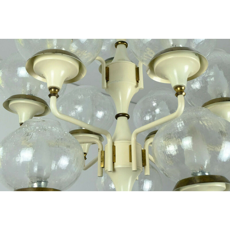 Mid century chandelier in metal, brass and 12 crackle glass shades, 1960s