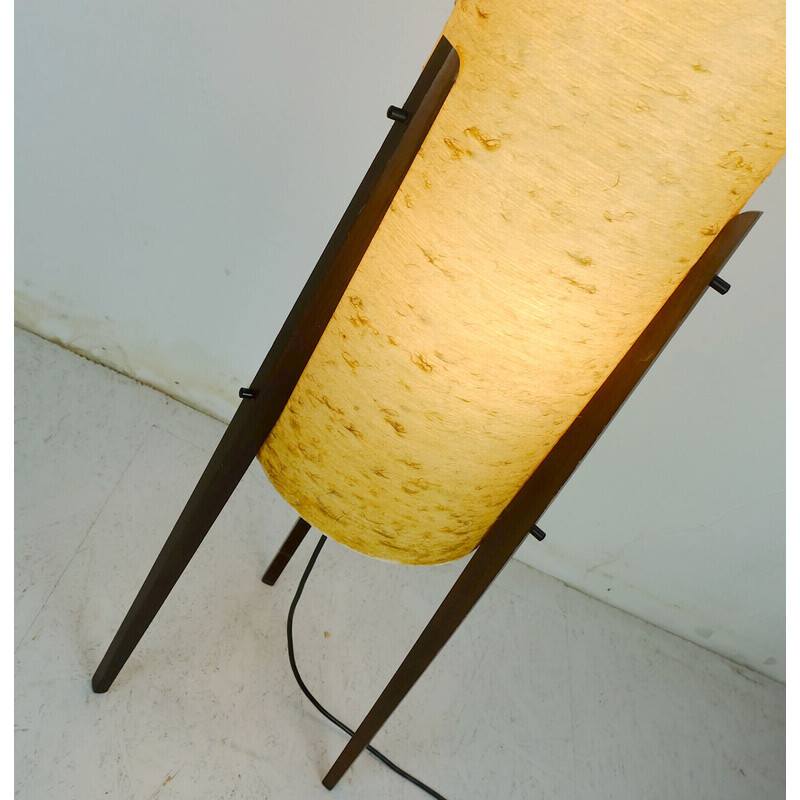 Mid century tripod rocket floor lamp in fiberglass shade and wood, 1960s