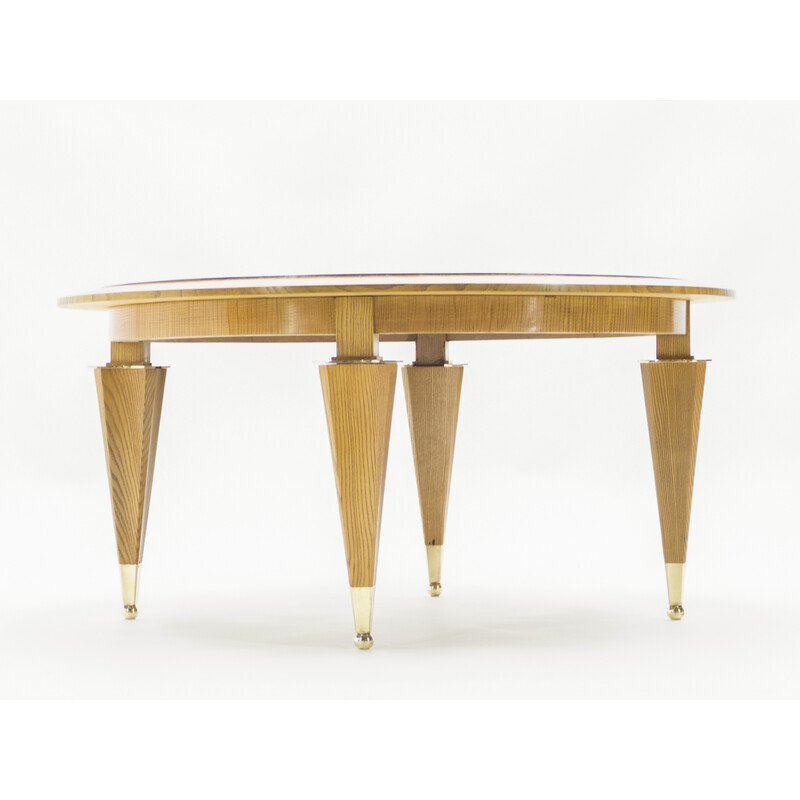 Vintage coffee table in flamed ashwood and brass by André Arbus, 1940